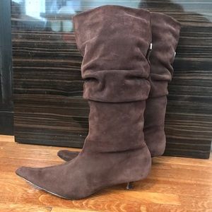 Brown Suede Slouchy Kitten Heel Boots 